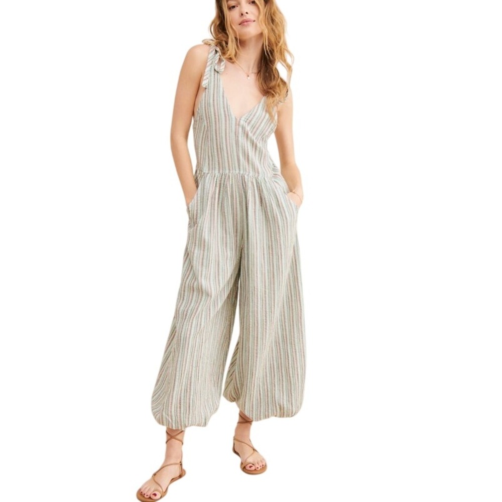 Free People These Days One Piece Jumpsuit Women S Blue Striped Relaxed Harem Leg